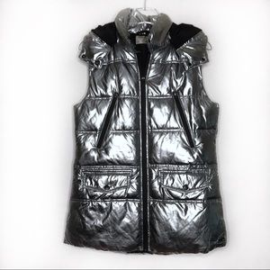 Betsey Johnson Longline Hood Puffer Vest Silver